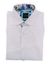 White shirt with blue polka dot pattern on a white background