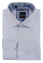 Light blue checkered dress shirt with a floral collar on a white background