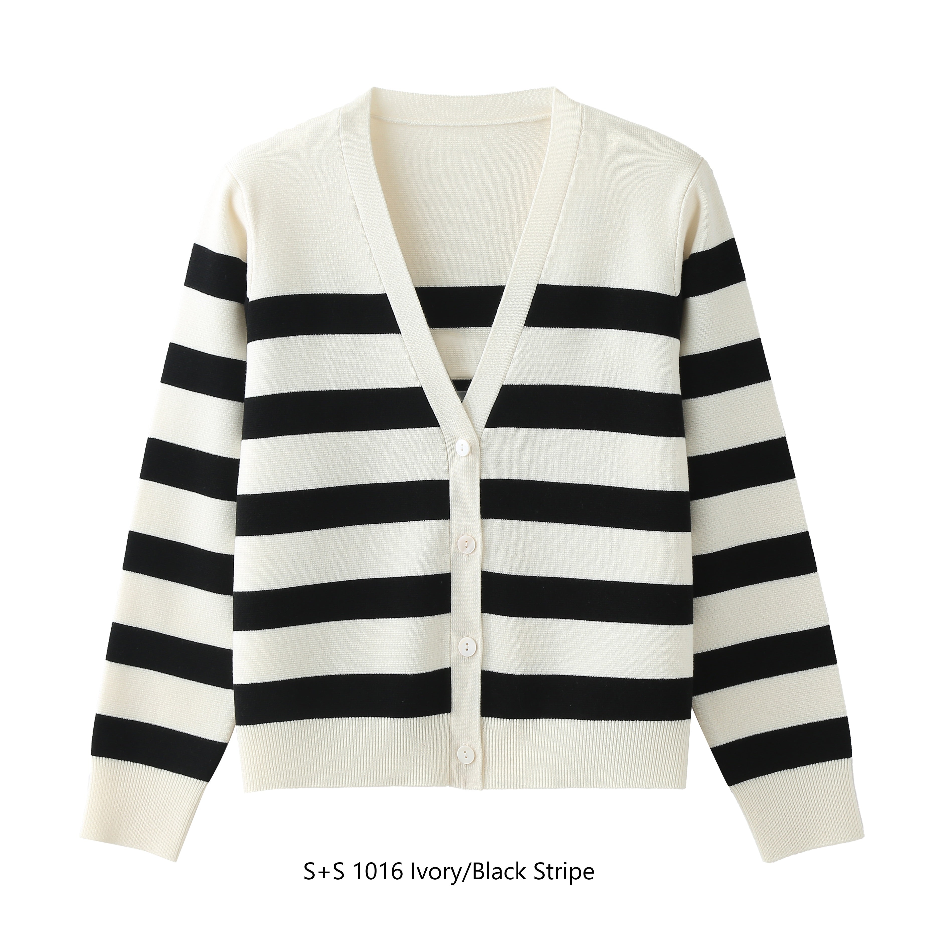 Black and white striped cardigan on a white background