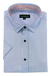 Blue and white striped dress shirt with a visible brand label on a white background