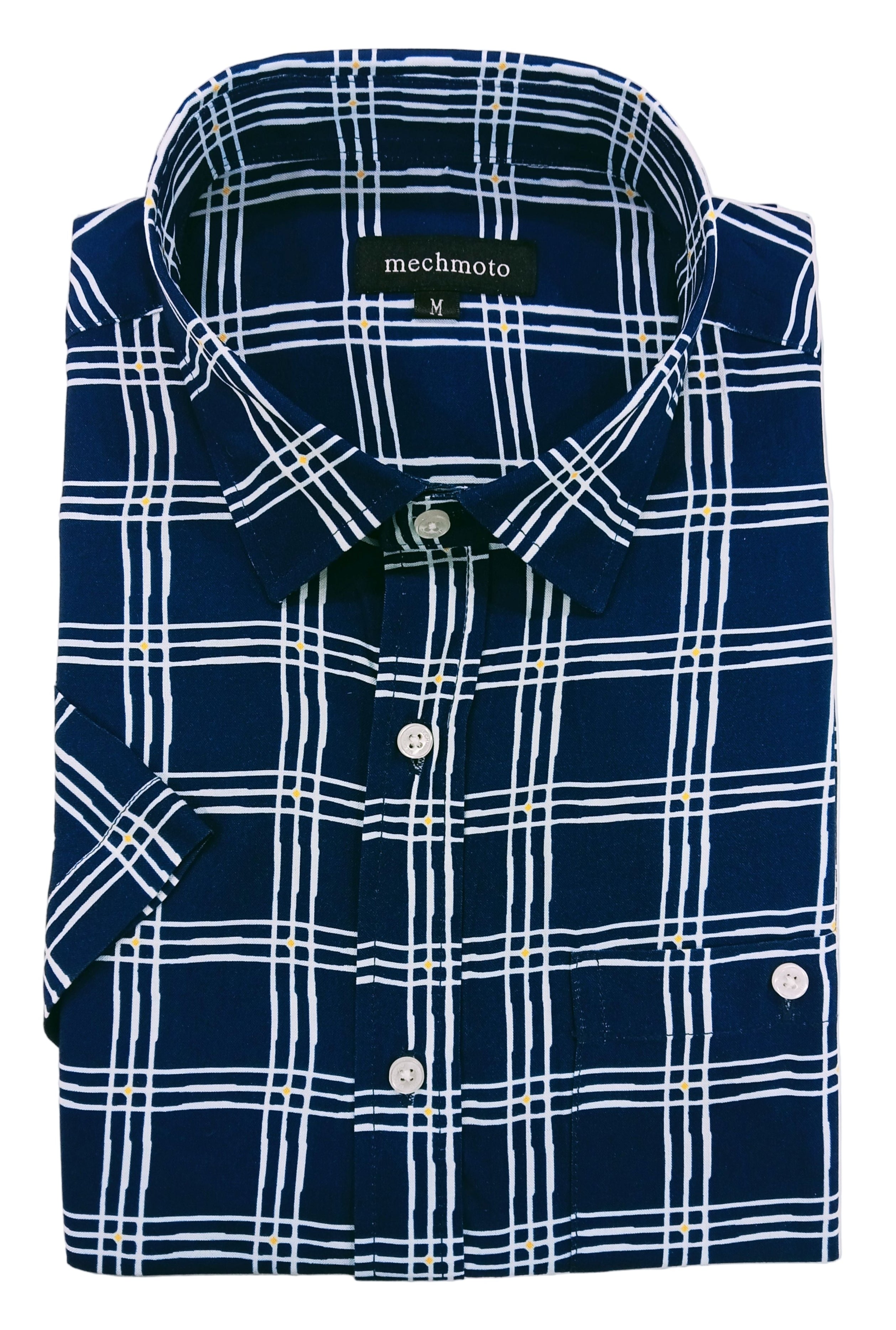 Navy blue shirt with white plaid pattern on a white background