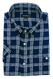 Navy blue shirt with white plaid pattern on a white background