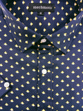 Navy shirt with yellow geometric pattern and 'Mechmoto' label