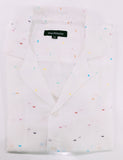 White shirt with colorful speckles on a white background
