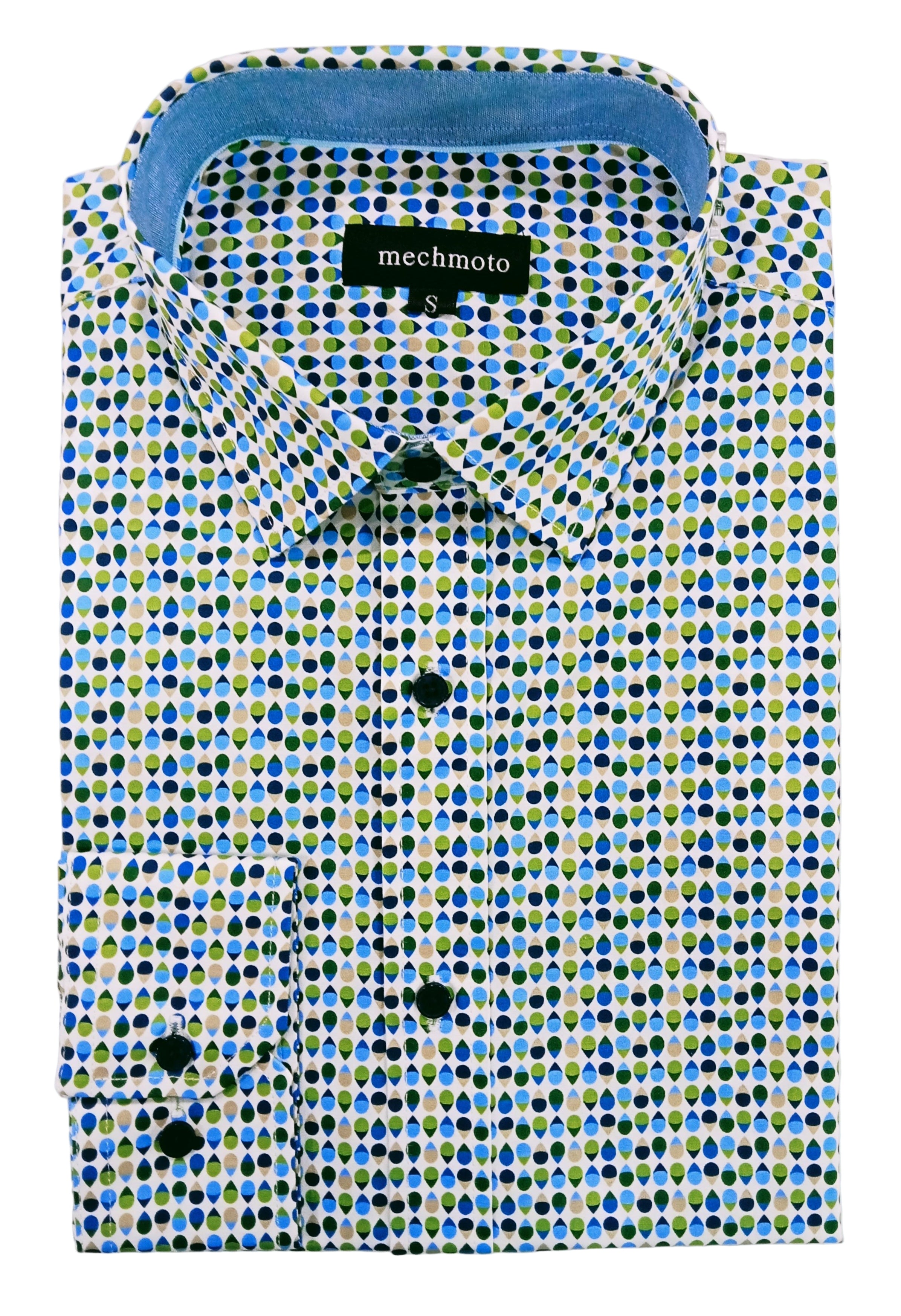 Patterned cutting board with blue handle on a white background