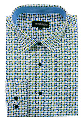 Patterned cutting board with blue handle on a white background