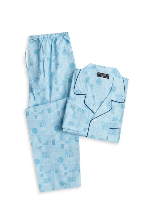 Blue patterned pajama set with matching robe on a white background