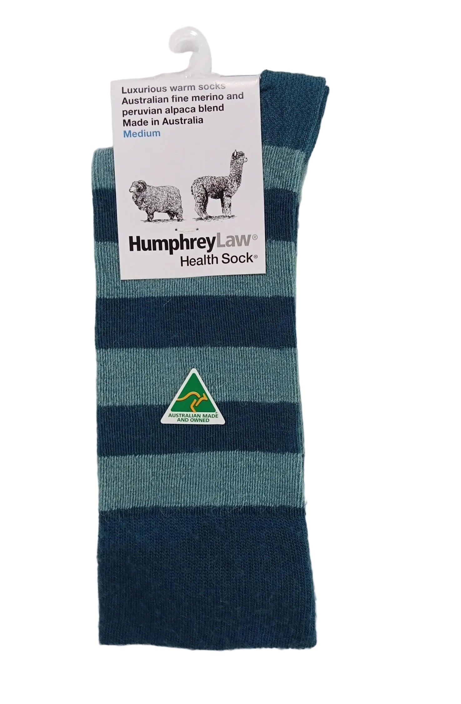 Striped sock with Humphrey Law label on a white background