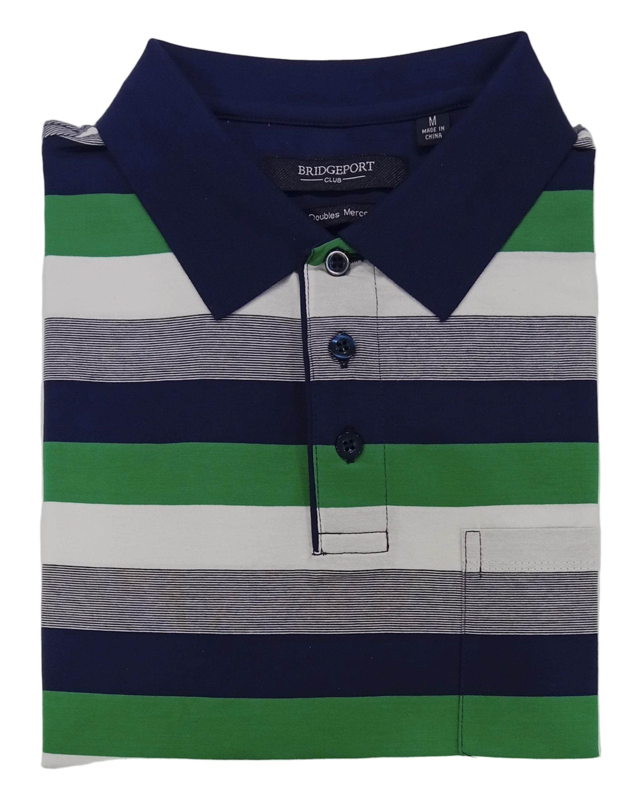 Striped polo shirt with green, blue, and gray colors on a white background