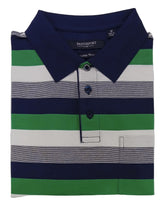 Striped polo shirt with green, blue, and gray colors on a white background