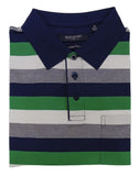 Striped polo shirt with green, blue, and gray colors on a white background
