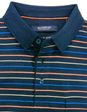 Folded striped polo shirt with 'Bridgeport' label on a white background