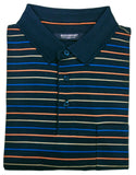 Folded striped polo shirt with a brand label on a light gray background