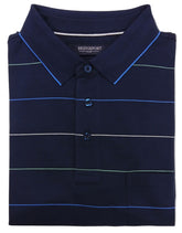 Folded navy blue polo shirt with white and light blue stripes on a light gray background