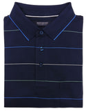 Folded navy blue polo shirt with white and light blue stripes on a light gray background