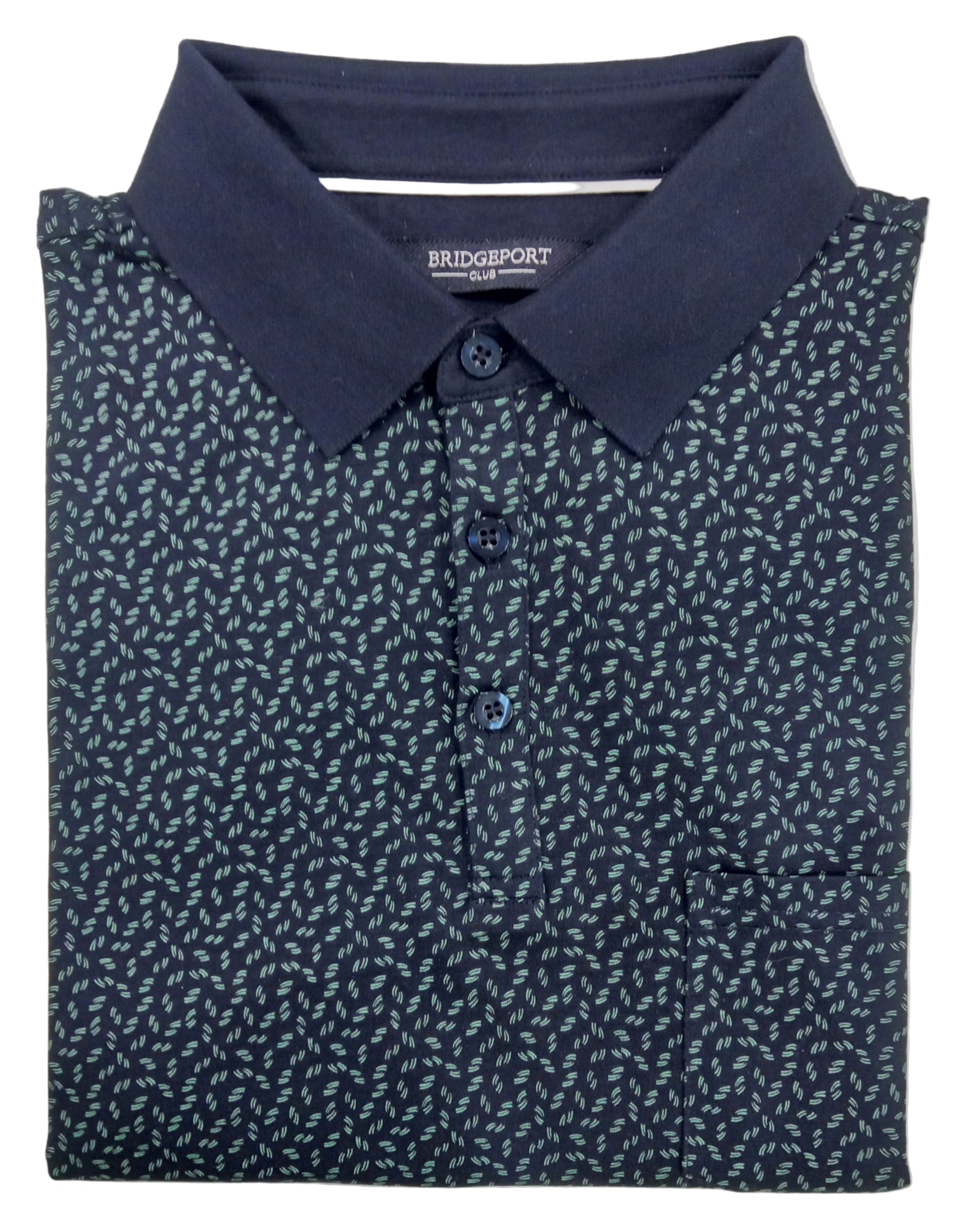 Folded navy blue polo shirt with a subtle pattern on a light gray background
