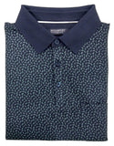 Folded navy blue polo shirt with a subtle pattern on a light gray background