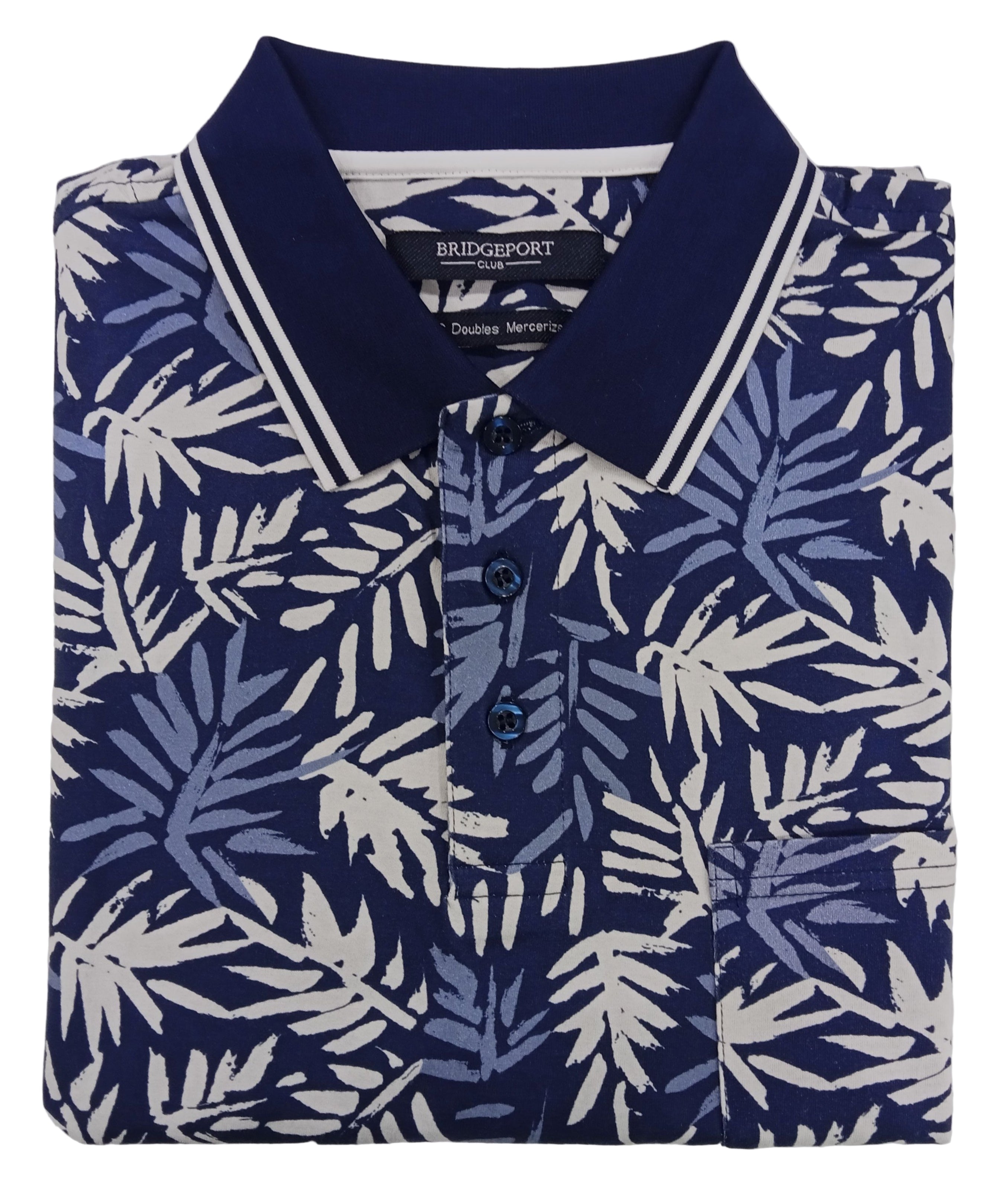 Navy blue polo shirt with white leaf pattern on a light gray background