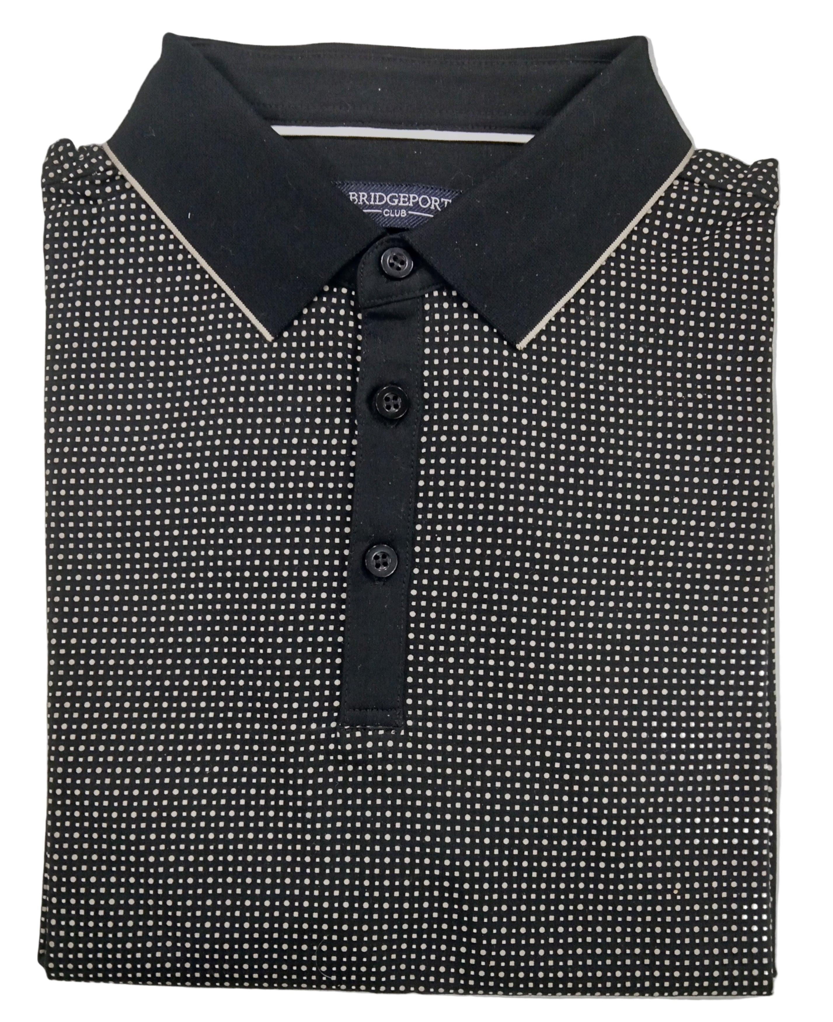Folded black and white patterned polo shirt with 'Bridgewater' branding on a gray background