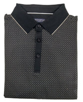 Folded black and white patterned polo shirt with 'Bridgewater' branding on a gray background