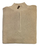 Beige sweater with a quarter zip on a white surface