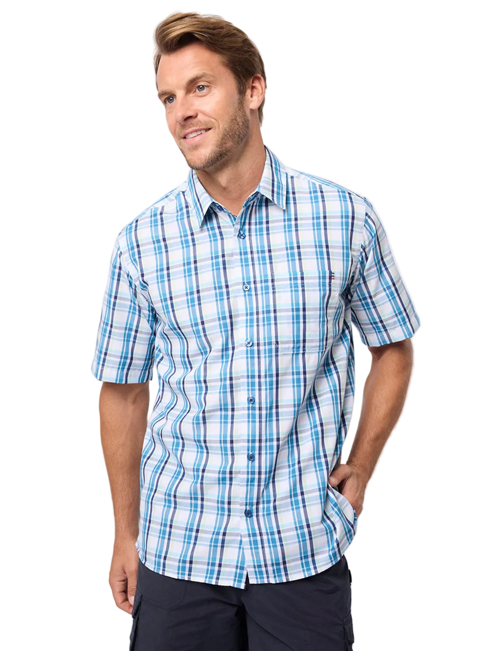 Man wearing a blue and white checkered shirt on a light gray background