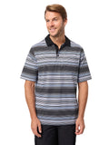 Man wearing a striped polo shirt against a plain background