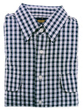 Folded green and white checkered shirt on a light gray background