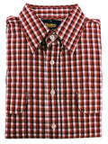 Folded red and white checkered shirt with 'Bisley' branding on a light pink background