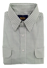 Folded green and white checkered shirt with 'Bisley' logo on a light gray background