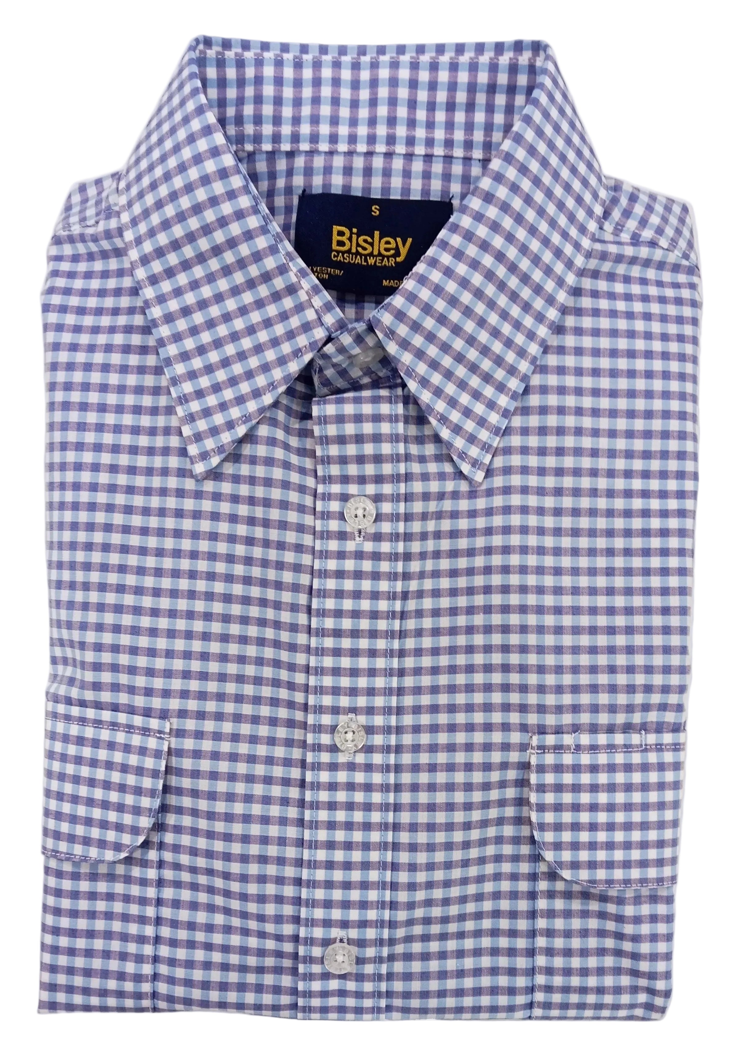 Folded blue and white checkered shirt with Bisley label on a white background