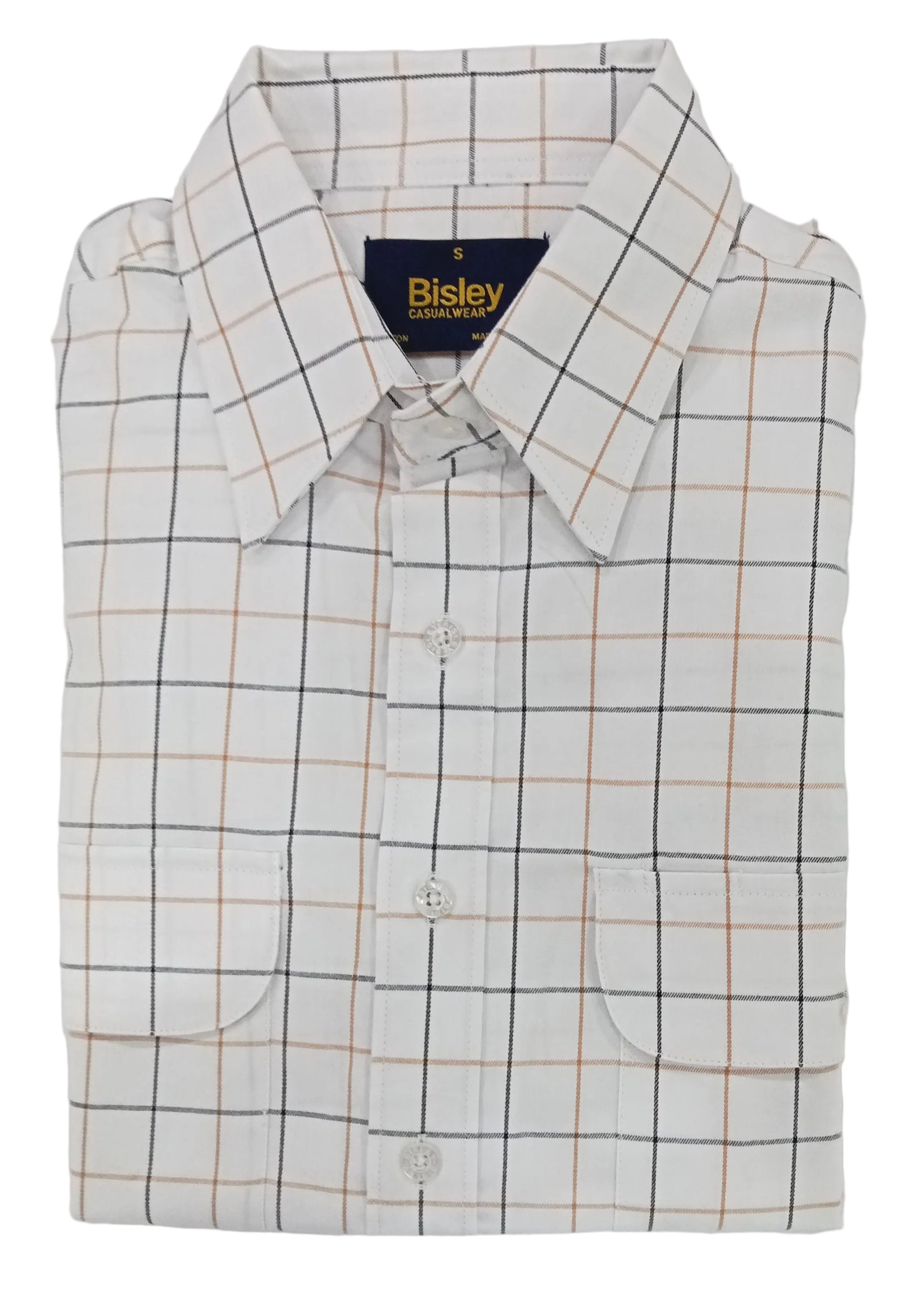 Checkered shirt with brand label on a white background