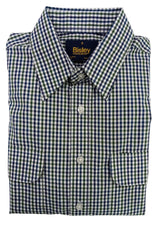 Folded green and white checkered shirt with Bisley label on a white background