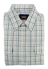 Plaid shirt with a brand label on a white background