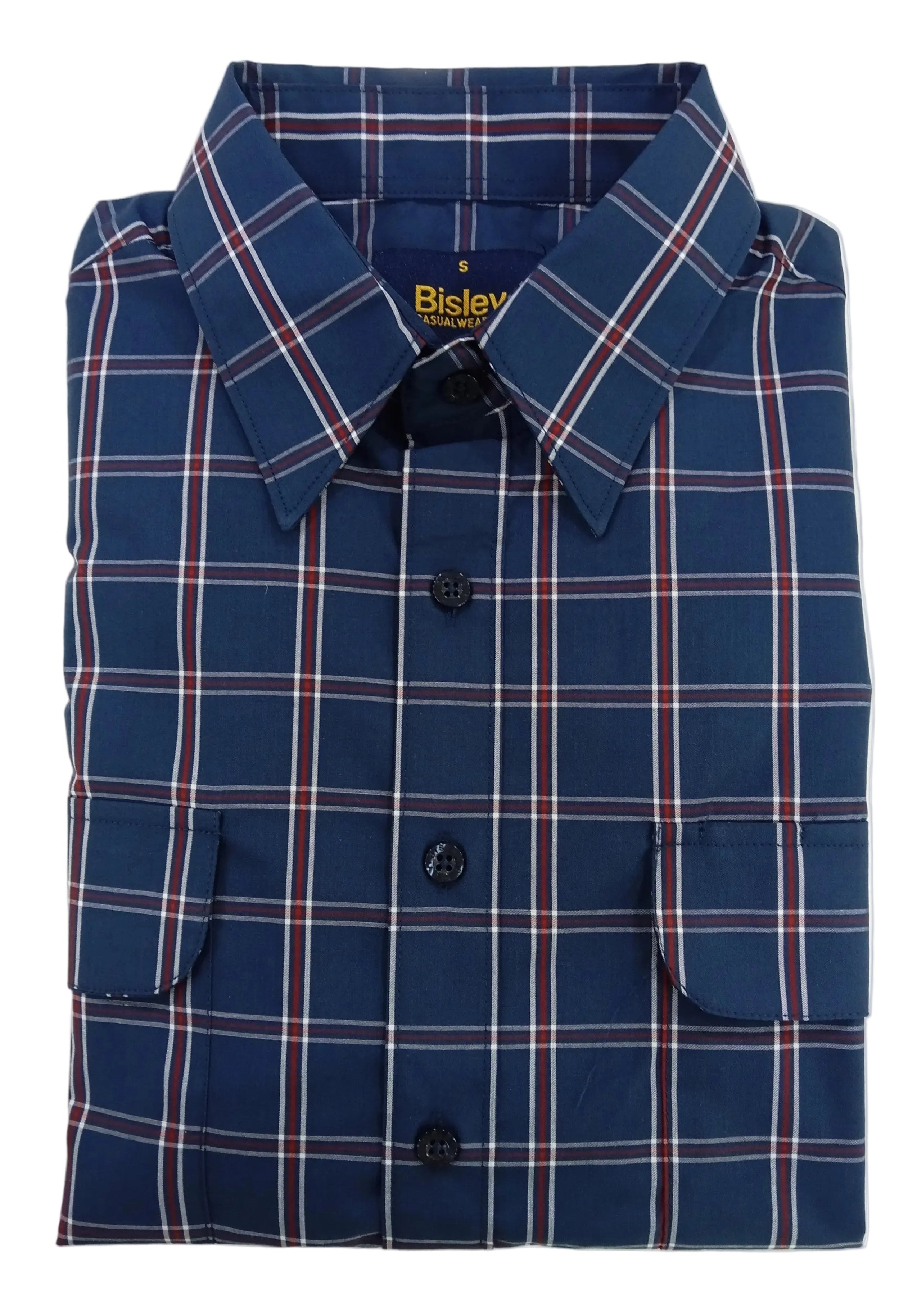 Folded blue plaid shirt with black buttons on a white background