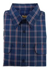 Folded blue plaid shirt with black buttons on a white background