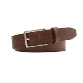 Brown belt with a silver buckle on a white background