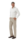 Man wearing a white shirt and beige pants on a white background