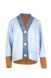 Light blue cardigan with brown accents on a white background