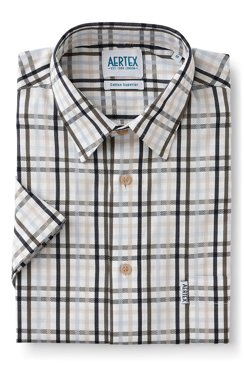 Folded plaid shirt with Aertex branding on a white background