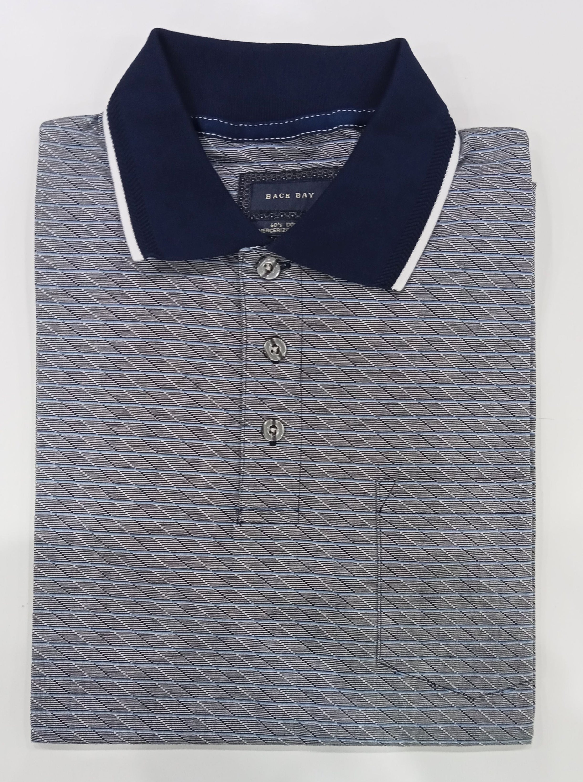 Gray patterned polo shirt with navy collar on a white background