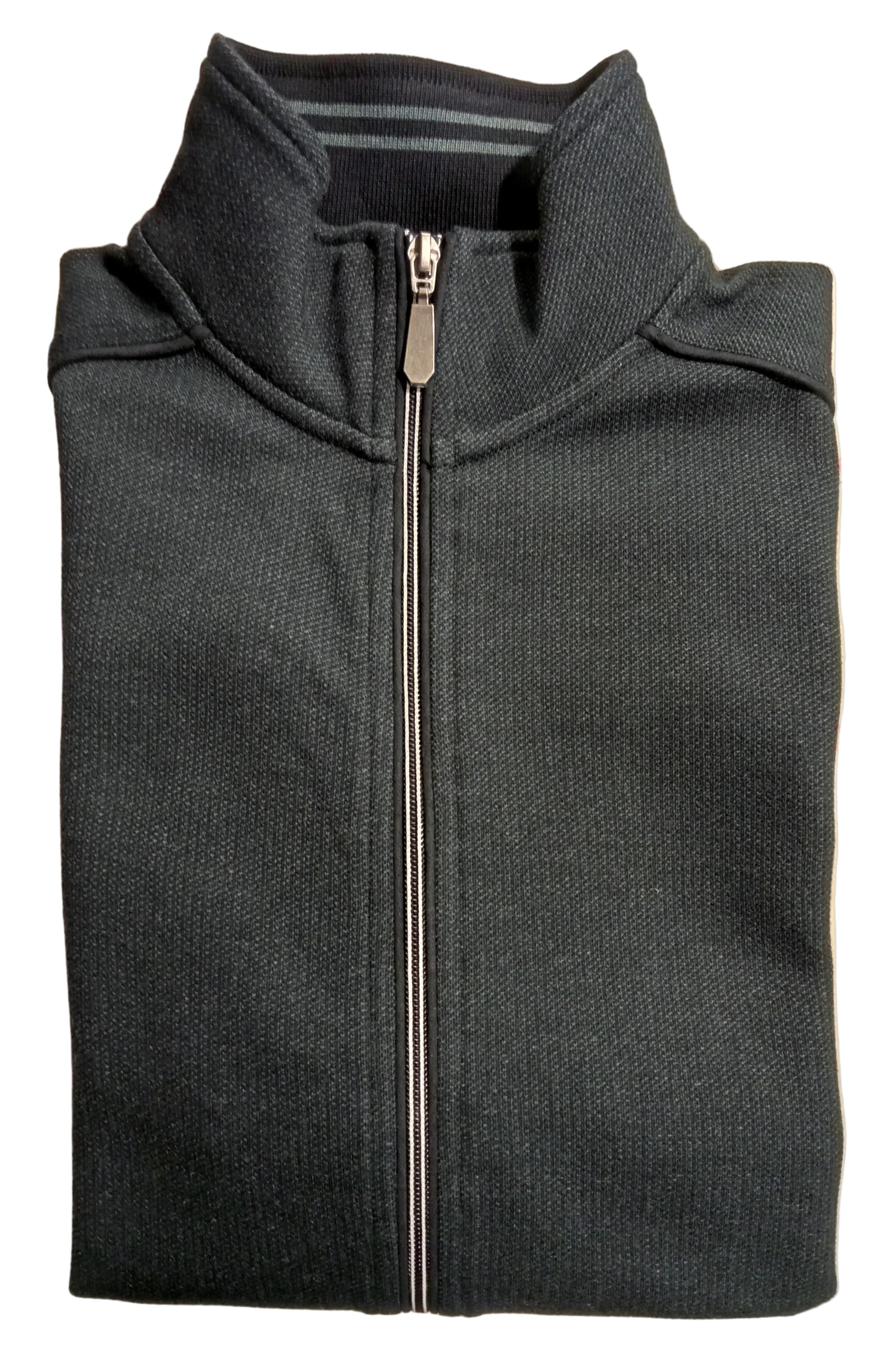 Folded gray jacket with a zipper on a white background