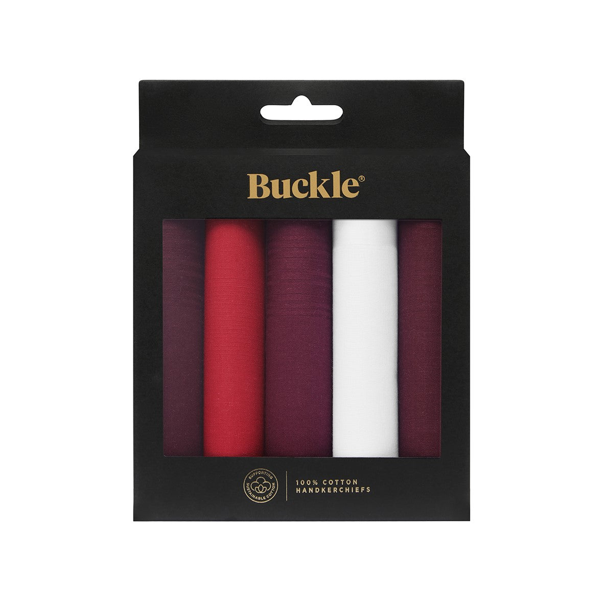 Pack of handkerchiefs in red, burgundy, and white with 'Buckle' branding on a black background.