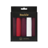 Pack of handkerchiefs in red, burgundy, and white with 'Buckle' branding on a black background.