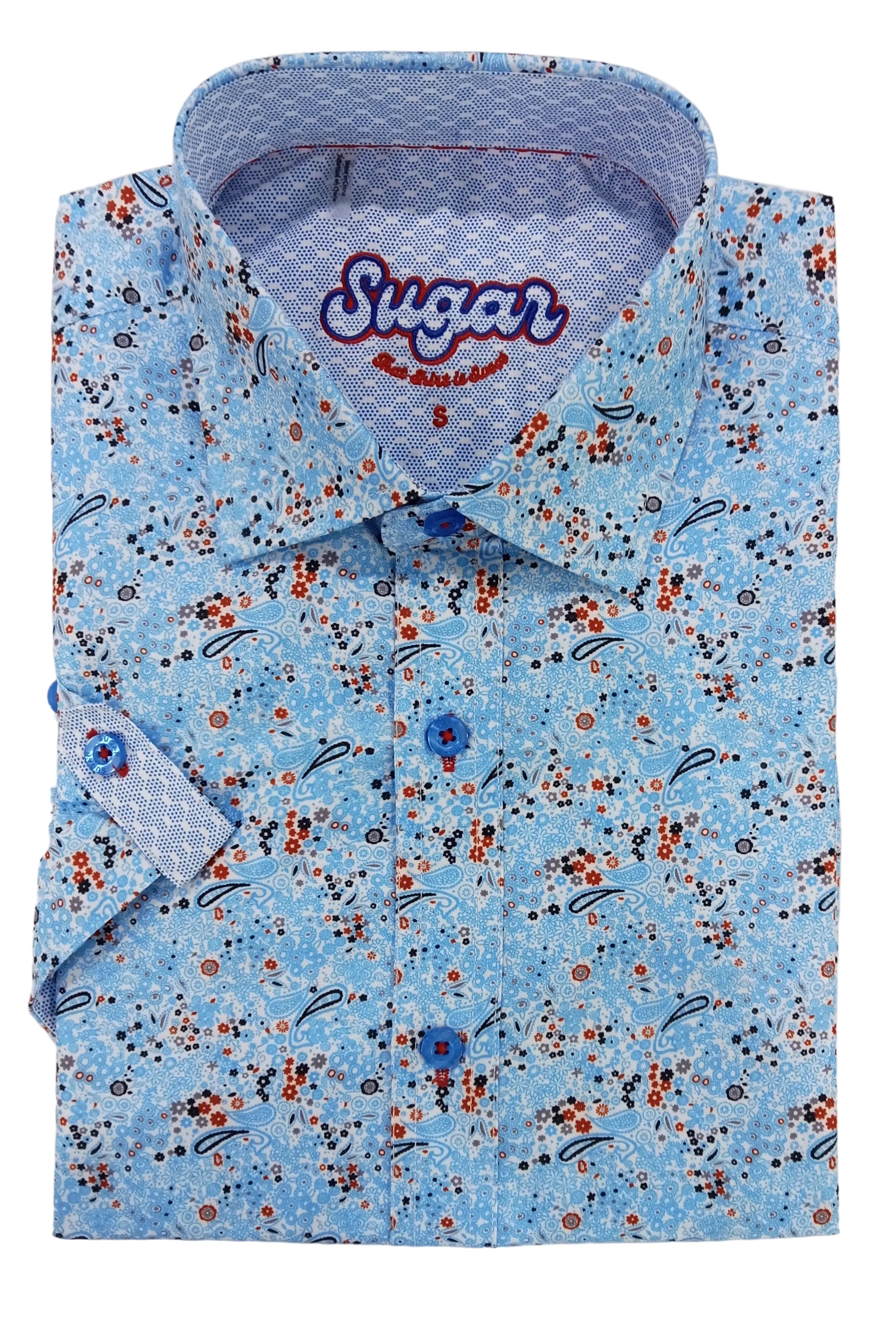 Floral patterned shirt with 'Sugar' branding on a light gray background
