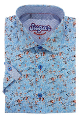 Floral patterned shirt with 'Sugar' branding on a light gray background