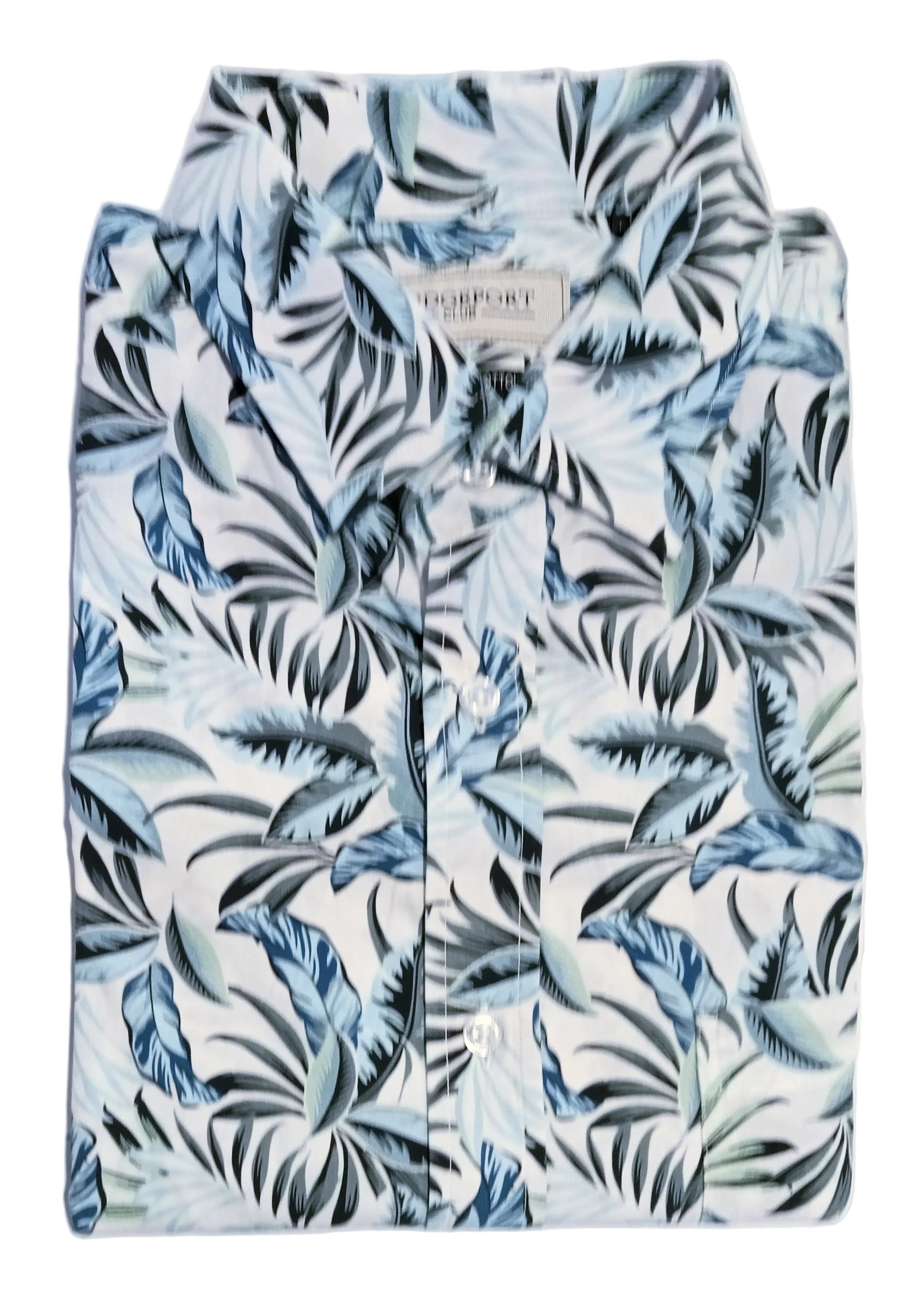 A folded short-sleeve button-up shirt with a blue, gray, and black tropical palm leaf pattern on a white background, displayed on a white surface.