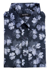 A folded long-sleeve button-up shirt with a dark charcoal gray base and a large white floral print, featuring a pointed collar and a visible 'BROOKFIELD' brand label.