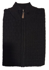 Folded black zip-up sweater on a white surface