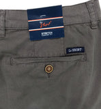 Gray shorts with a brand label on a white background